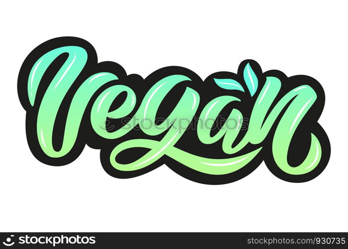 Vector illustration of Vegan text for tags, stickers, advertising and banners. Hand drawn brush lettering, calligraphy for vegan production.