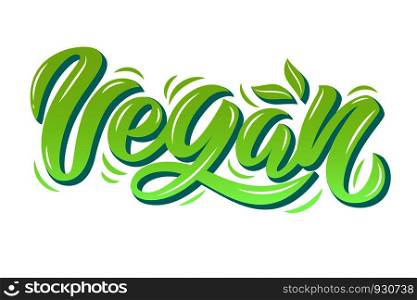 Vector illustration of Vegan text for tags, stickers, advertising and banners. Hand drawn brush lettering, calligraphy for vegan production.