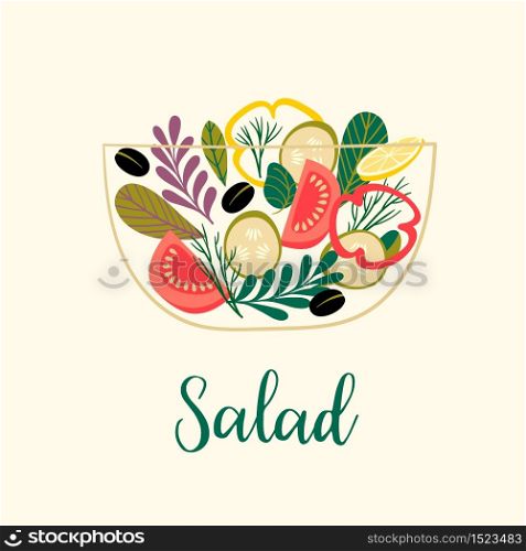 Vector illustration of vegetable salad. Healthy food. Elements for design. Vector illustration of vegetable salad. Healthy food.