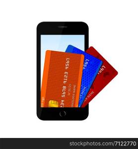 Vector Illustration of very realistic credit cards in smartphone isolated on white background. Mobile payment concept