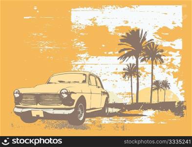 vector illustration of vintage car on the beach with palms and sunset