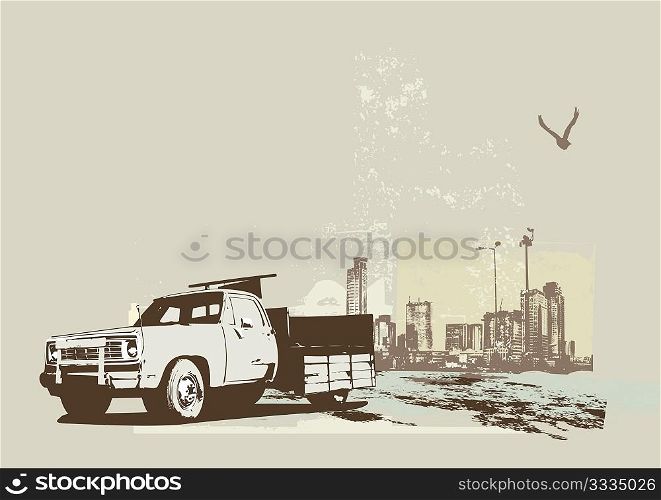 vector illustration of vintage truck on the grunge urban background