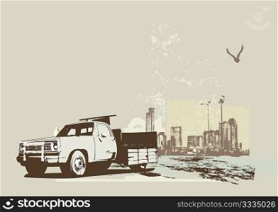 vector illustration of vintage truck on the grunge urban background