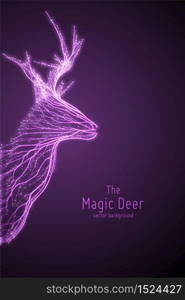 Vector illustration of violet geometric deer head constructed with branching lines. Abstract vector of deer in the form of a mystic silhouette with points and lines. Wireframe concept of deer. Vector illustration of violet geometric deer head constructed with branching lines. Abstract vector of deer in the form of a mystic silhouette with points and lines. Wireframe concept of deer.
