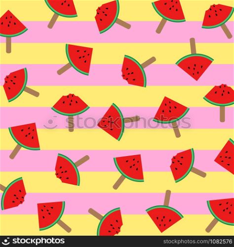 Vector illustration of watermelon ice cream slices on a stick with colorful pattern background