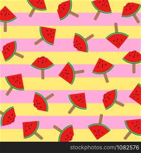 Vector illustration of watermelon ice cream slices on a stick with colorful pattern background