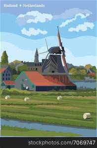 Vector Illustration of watermill in Amsterdam (Netherlands, Holland). Landmark of Holland. Watermill on the meadow.Colorful vector illustration.