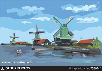 Vector Illustration of watermill in Amsterdam (Netherlands, Holland). Landmark of Holland. Watermills on the embankment.Colorful vector illustration.