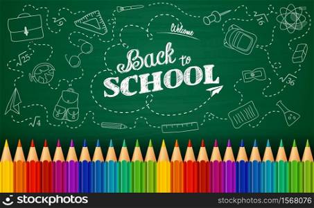 Vector illustration of Welcome back to school background with doodle elements on chalkboard and colorful pencils
