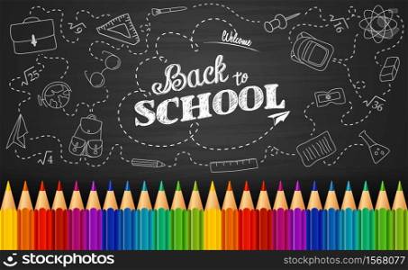 Vector illustration of Welcome back to school background with doodle elements on chalkboard and colorful pencils