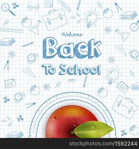 Vector illustration of Welcome back to school background with red apple