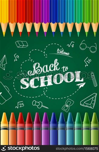 Vector illustration of Welcome back to school with colored pencils and crayons