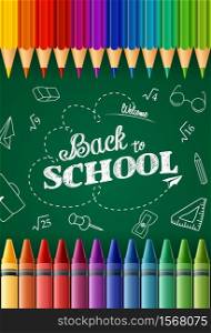 Vector illustration of Welcome back to school with colored pencils and crayons