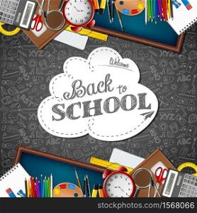 Vector illustration of Welcome back to school with colored pencils and school supplies