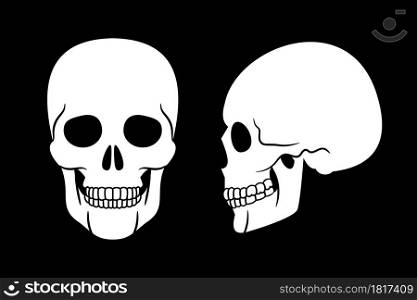 Vector illustration of white skulls on black background