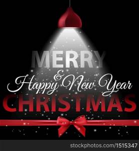Vector illustration of White spotlight with lettering and red bow on black background. Merry Christmas and Happy New Year