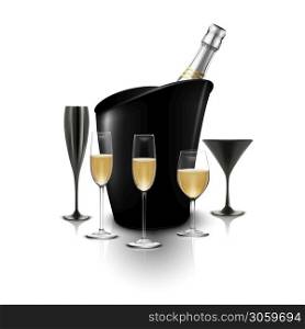 Vector illustration of Wineglass and a bottle of champagne in a bucket