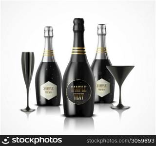 Vector illustration of Wineglass and champagne wine bottles