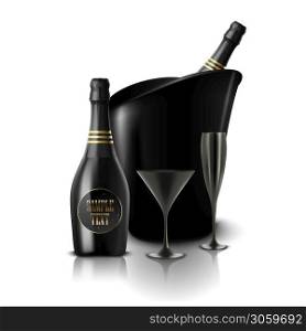 Vector illustration of Wineglass with black wine bottles of champagne in a bucket