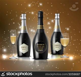 Vector illustration of Wineglass with black wine bottles of champagne on sparkling background