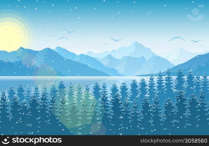 Vector illustration of Winter morning in mountain landscape with forest and river