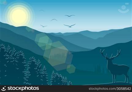 Vector illustration of Winter mountain landscape with deer in a forest near a lake