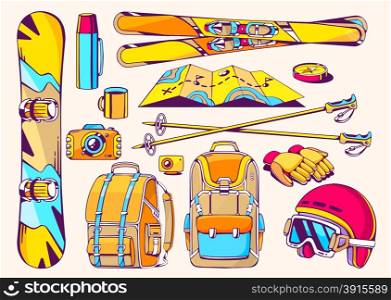 Vector illustration of winter travel accessories on white background. Colorful hand draw line art design for web, site, advertising, banner, poster, board and print.