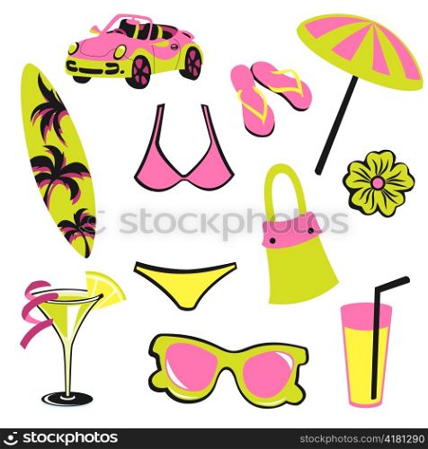 Vector illustration of woman accessories set related to summer glamour fashion.