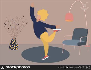 Vector illustration of Woman character dancing at home. Simple flat style girl in a room. Home interior, chair, lamp, plant, flowers. Cozy modern trendy interior. Self-isolation, positive attitude.