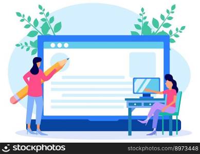 Vector illustration of woman character writing on laptop. Concept of blogging, education, creative writing, content management for web pages, banners, presentations, social media.