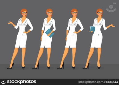 Vector illustration of Woman doctor in various poses. Woman doctor in various poses