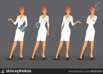 Vector illustration of Woman doctor in various poses. Woman doctor in various poses