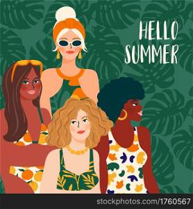Vector illustration of woman in bright swimsuit. Young girls with different skin colors. Design for summer concept and other use.. Vector illustration of woman in bright swimsuit. Young girls with different skin colors.