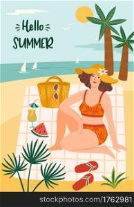 Vector illustration of woman in swimsuit on tropical beach. Summer holliday, vacation, travel. Design element for summer concept and other use.. Vector illustration of woman in swimsuit on tropical beach. Summer holliday, vacation, travel.
