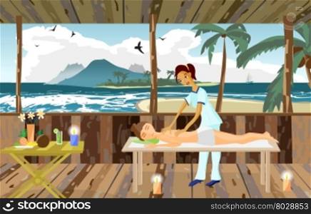 Vector illustration of woman pampering herself by enjoying day spa massage on the beach, back massage, wellness wooden salon in thailand, flat cartoon illustration