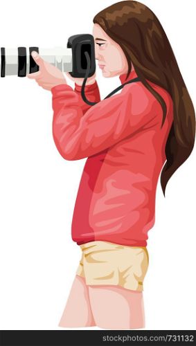 Vector illustration of woman photographer with slr camera.