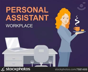 Vector illustration of woman portrait personal assistant with coffee in hand stands on office background