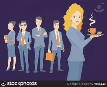 Vector illustration of woman portrait secretary with coffee in hand on dark background of business team of young businesspeople