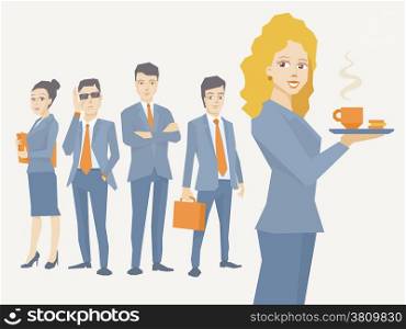 Vector illustration of woman portrait secretary with coffee in hand on the background of business team of young businesspeople