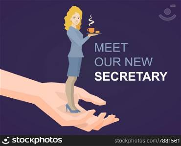 Vector illustration of woman portrait secretary with coffee in hand standing on palm of the hand on dark background