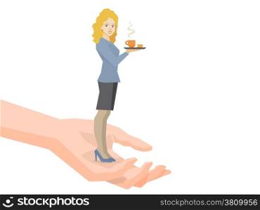Vector illustration of woman portrait secretary with coffee in hand standing together on palm of the hand on white background