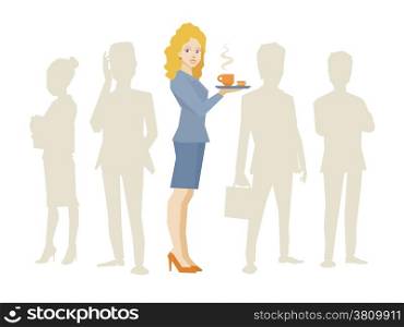 Vector illustration of woman portrait secretary with coffee in hand stands in the center on a background of silhouette business team of businesspeople