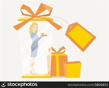 Vector illustration of woman portrait secretary with coffee in hand stands in gift box on a white background