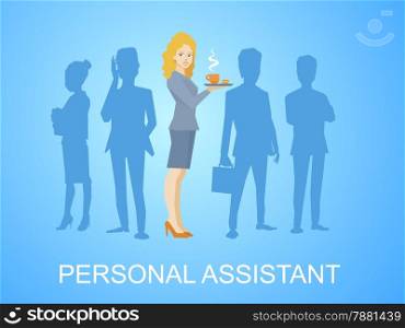 Vector illustration of woman portrait secretary with coffee in hand stands in the center on blue background of silhouette business team of businesspeople