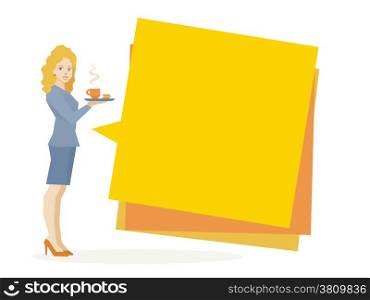Vector illustration of woman portrait secretary with coffee in hand stands near bright bubble stickers on white background