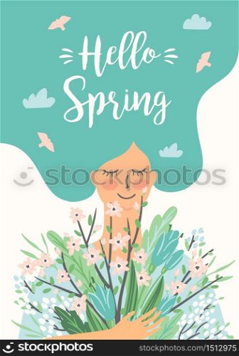 Vector illustration of woman with spring bouquet . Design for poster, card, invitation, placard, brochure, flyer and other. Vector illustration of woman with spring bouquet .