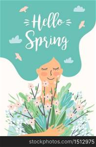 Vector illustration of woman with spring bouquet . Design for poster, card, invitation, placard, brochure, flyer and other. Vector illustration of woman with spring bouquet .