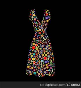 Vector illustration of women dress shape made up a lot of multicolored small flowers on the black background