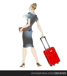 Vector illustration of women stewardess, walking with the suitcase.