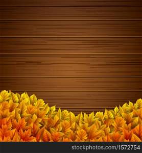 Vector illustration of Wooden background with autumn leaves
